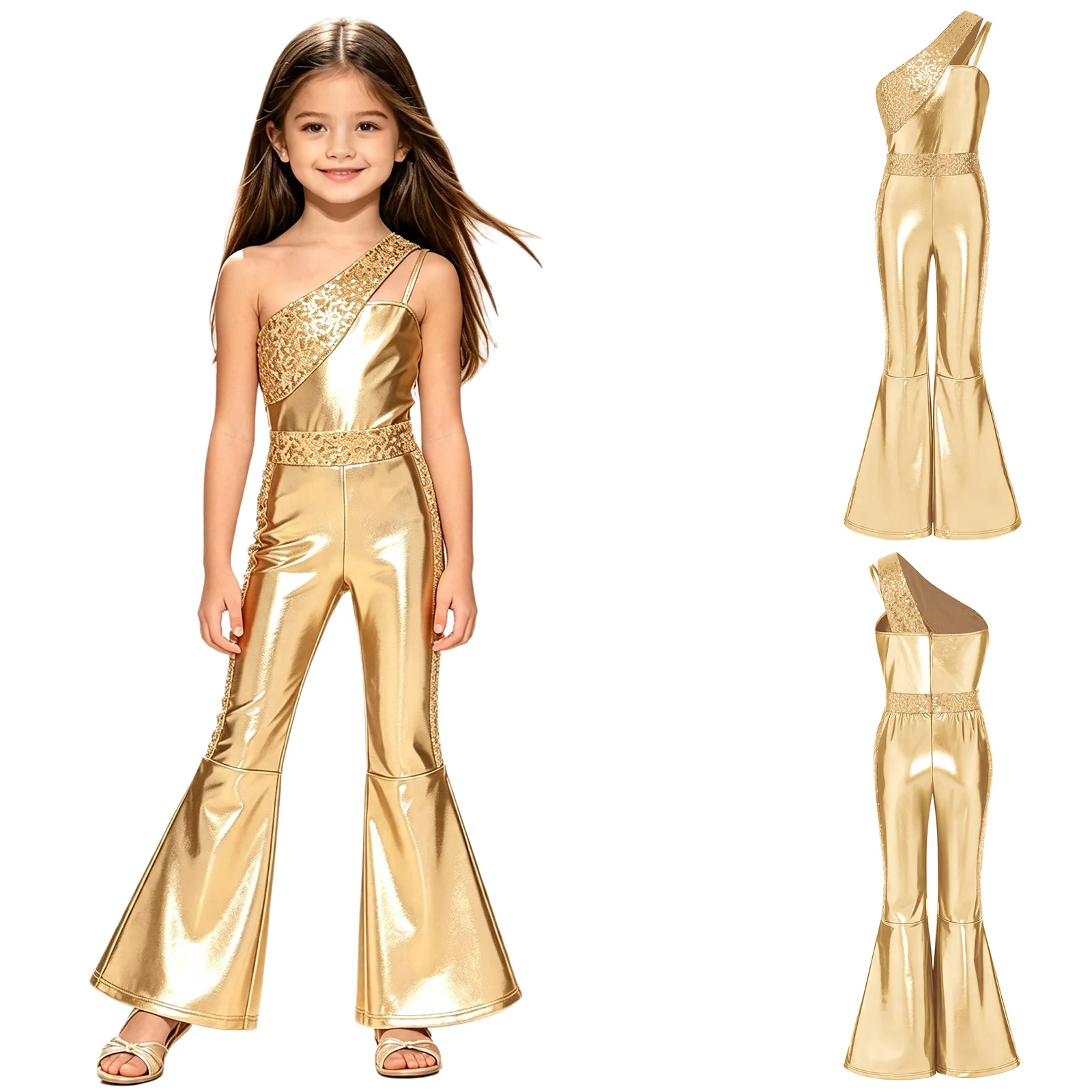 Kids Girls Metallic Shiny 70s Disco Jumpsuit Jazz Dance Costume Wedding Birthday Pageant Prom School Party Halloween Bodysuit - view 6