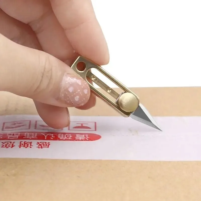 Brass Mini Sharp Knife Creative Retractable Box Opener Portable Keychain Pendant for Express Parcel Unpacking Daily Accessory
