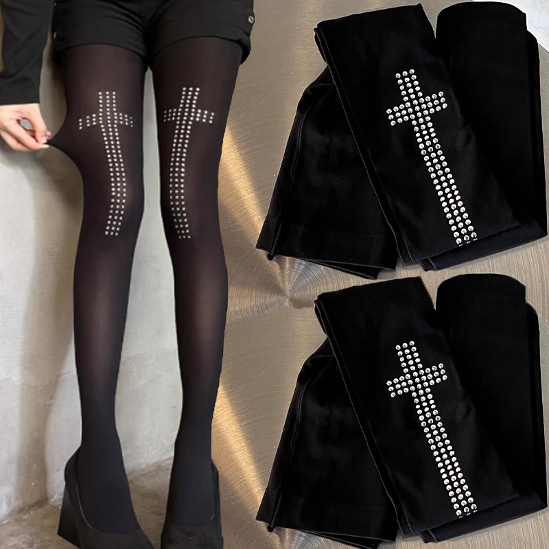 

Sexy Hot Girl Stockings Women Velvet Thin Black Silk Cross Pattern Y2K Style Jumpsuit Socks Slim Fit and Slimming Bottom Socks