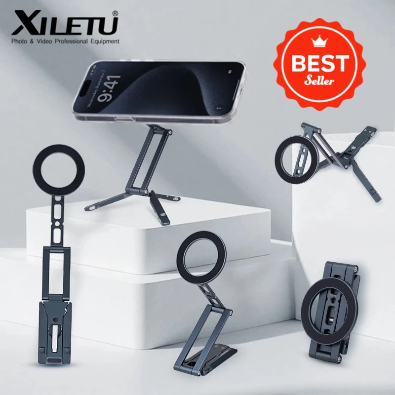 XILETU Magsafe Magnetic cell Phone Tripod Stand with Hook Foldable Desktop Holder for iPhone desktop Selfie Video Mobile tripods