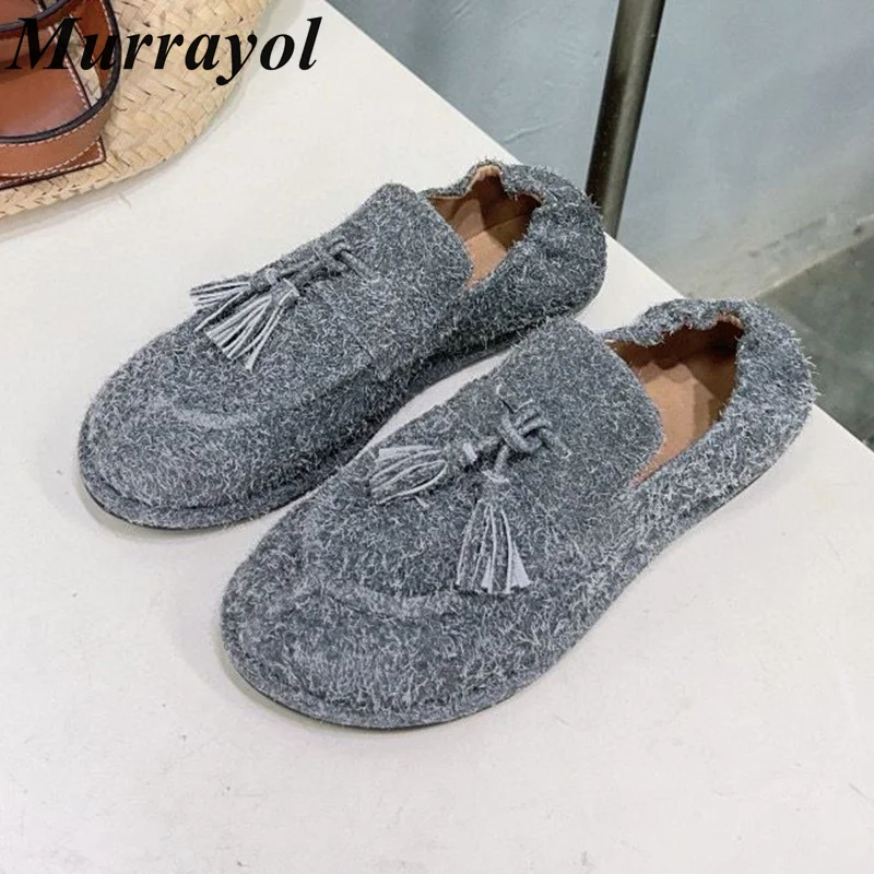 

Round Toe Solid Color Cow Suede Loafers Women's Tassel Decor Soft Sole Flat Single Shoes Spring Autumn Retro Mary Jane Shoes