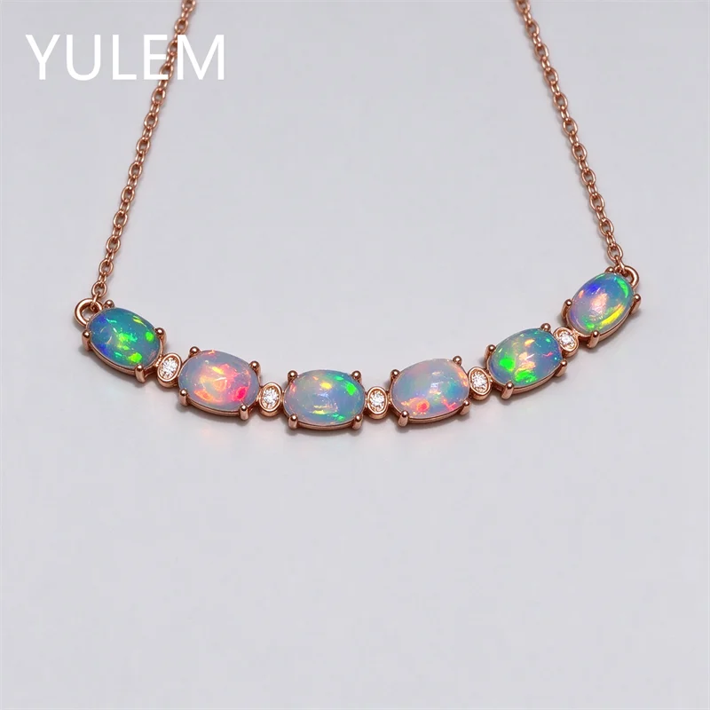 YULEM  Natural Welo Opal 4*6mm Smile Necklace S925 Sterling Silver Rose Gold Plated Color Play Gemstone Women Fine Jewelry