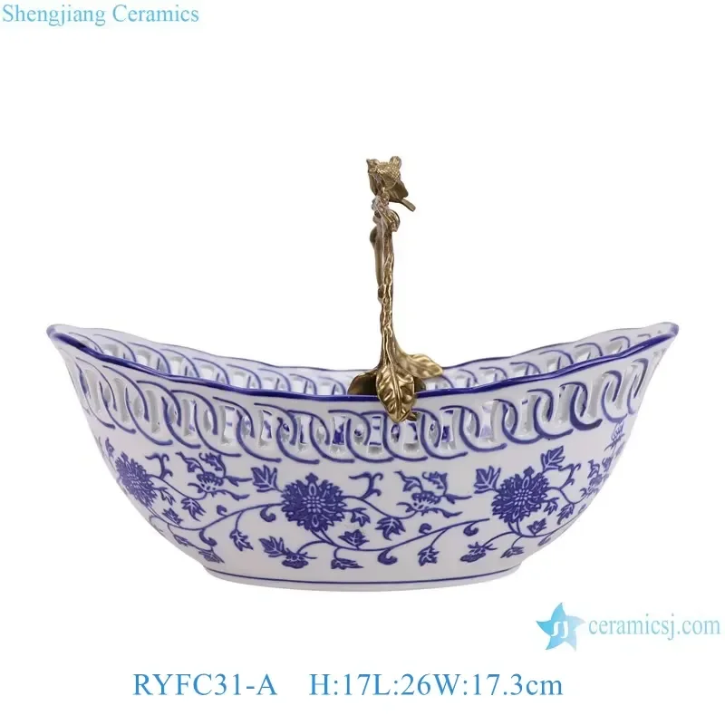 RYFC31 Blue White Lotus Hollow Ceramic Fruit Plate With Copper Rack Elegant Party Candy Dish Home Decor Serving Tray Elegant