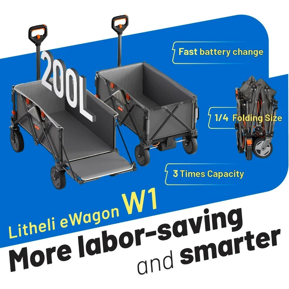 Carro utilitario eléctrico con batería con ruedas todo terreno, capacidad de 200 litros, capacidad de carga de 300 libras, velocidad variable, pesado