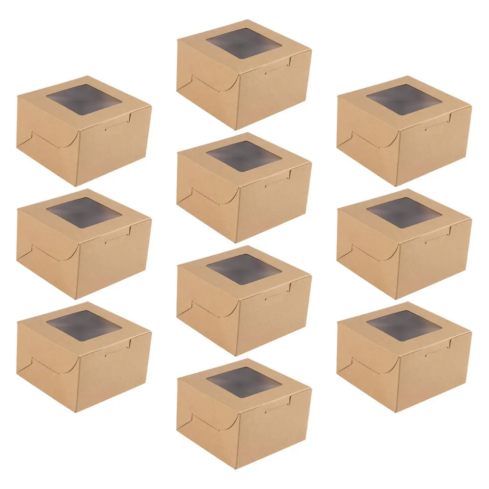 

10pcs Kraft Paper Dessert Boxes 8 Inch Biscuit Container For Birthday Party Bakery Supplies Treat Box With Window