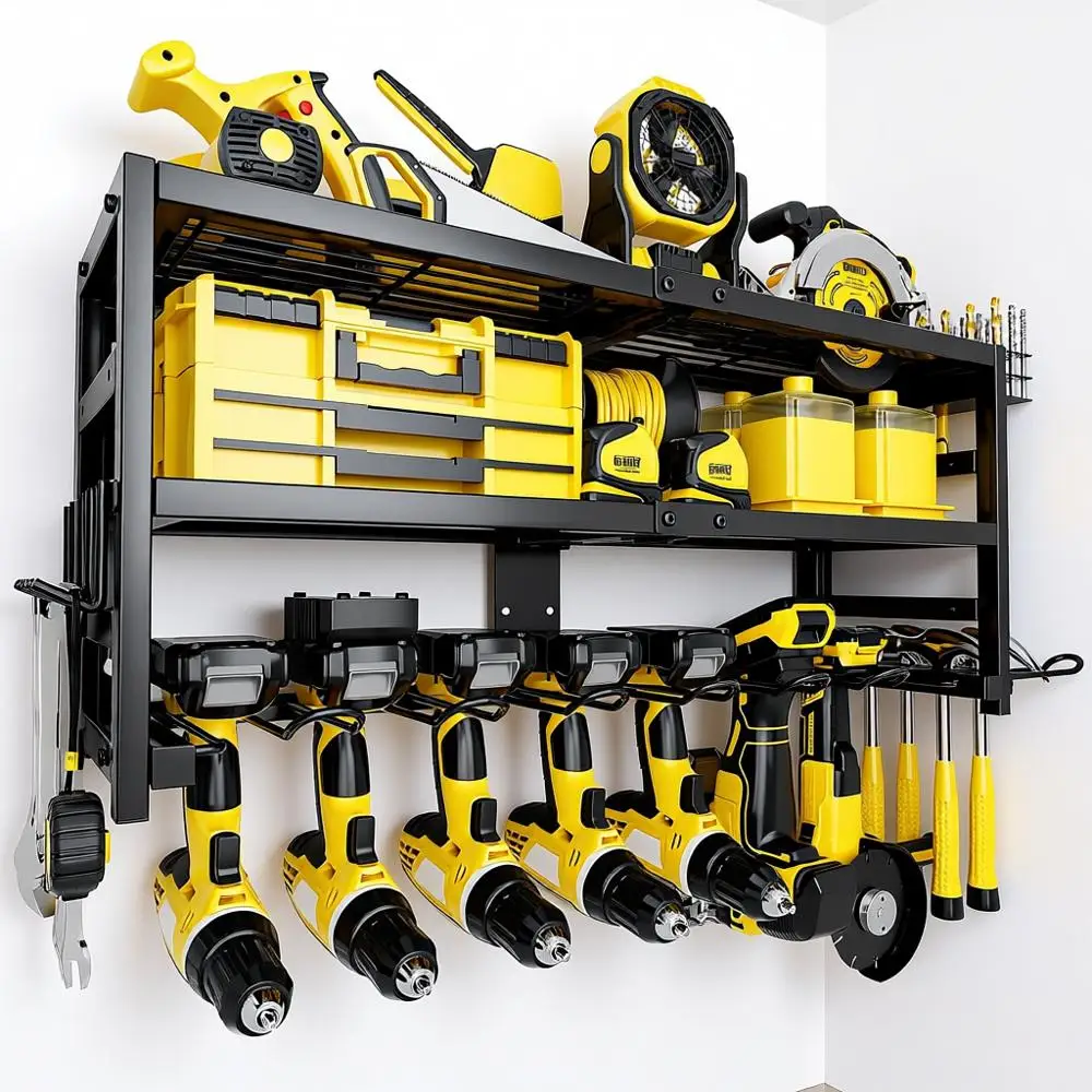 

Power Tool Organizer Wall Mount Heavy Duty 320 lbs, 3 Layers Storage Rack with 9 Drill Holders & Battery Storage