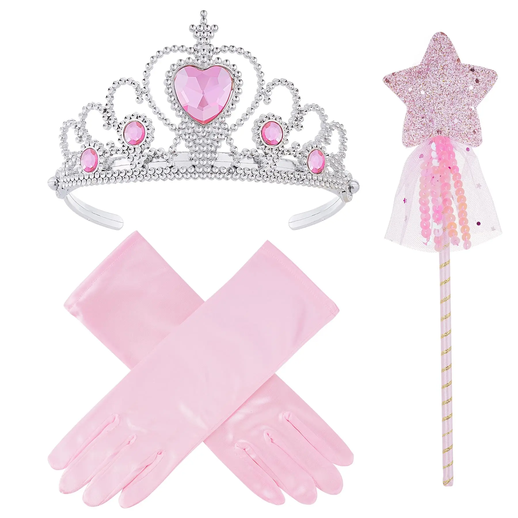 3Pcs Princess Dress up Accessories Gloves Tiara Wand Dress up Set for Halloween Dress Up Party
