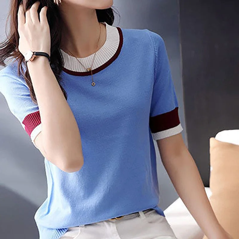 Spring New Casual Fashion Simple Patchwork Short Sleeve Knitting Top Women Loose All-match Round Neck T-shirt Female Tee E452