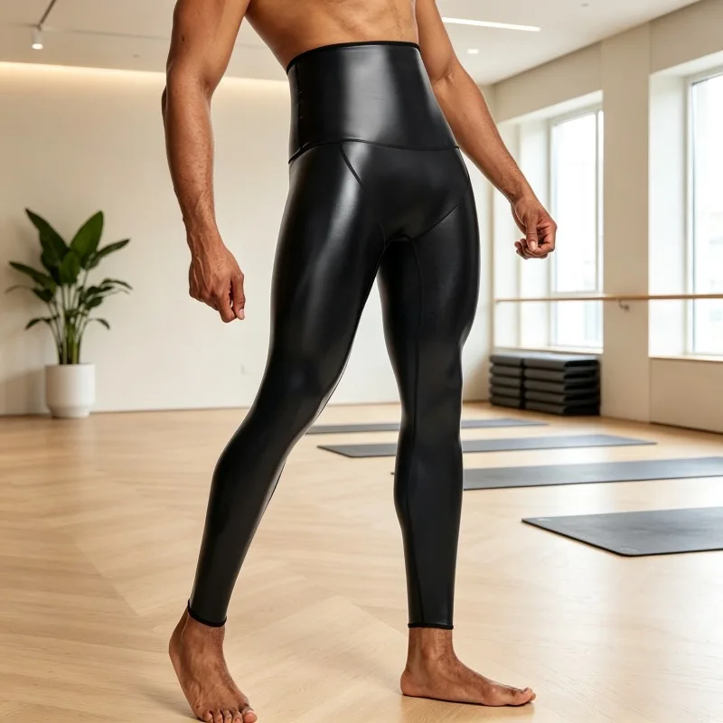 Men High Waist Leather Pants with Shaping and Toning Effect Perfect for Workout Recovery Casual Outings and Street Style