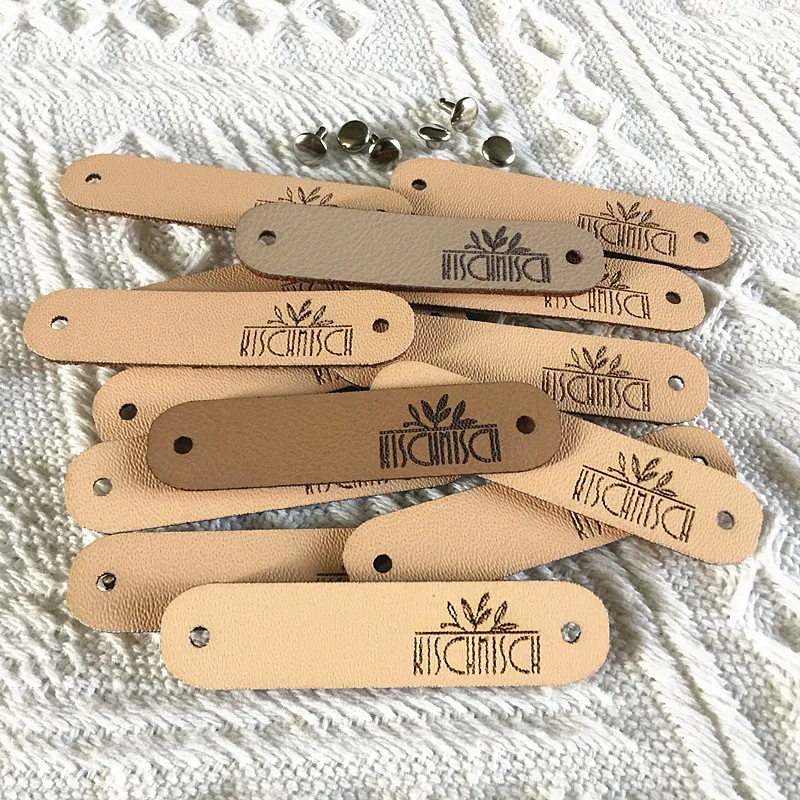 40pcs custom leather logo labels with rivets Handmade tags for knitting Sewing center fold label for clothing hats craft items