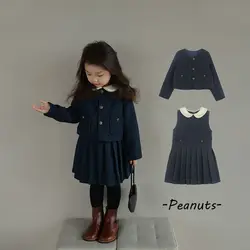 New Autumn Winter Cotton Woolen Coat Kids Clothes Girls Thickened Sleeveless Dress + Jacket Sets Children Outwear Pleated skirt