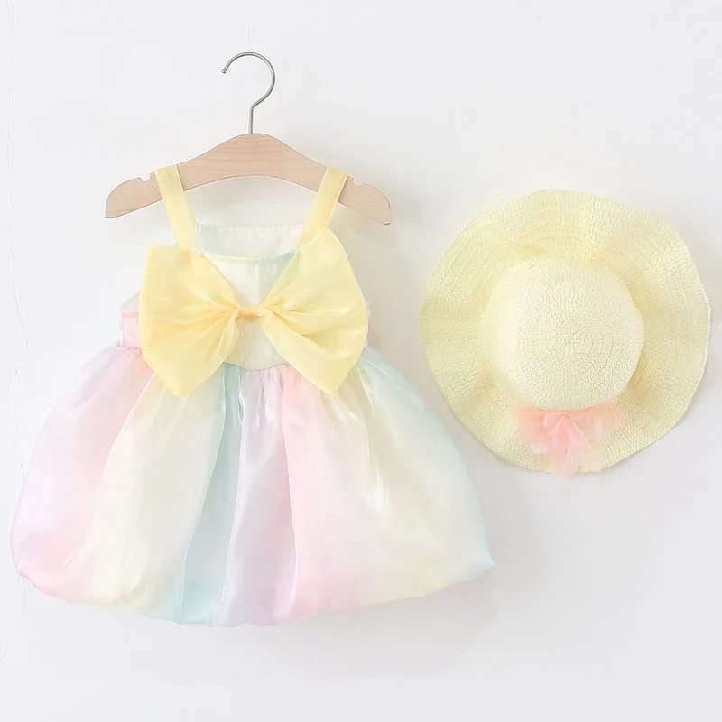 

2PCS Sets Summer Toddler Girl Clothes Korean Fashion Big Bow Cute Sleeveless Mesh Luxury Princess Dress+Sunhat Baby Dresses B047