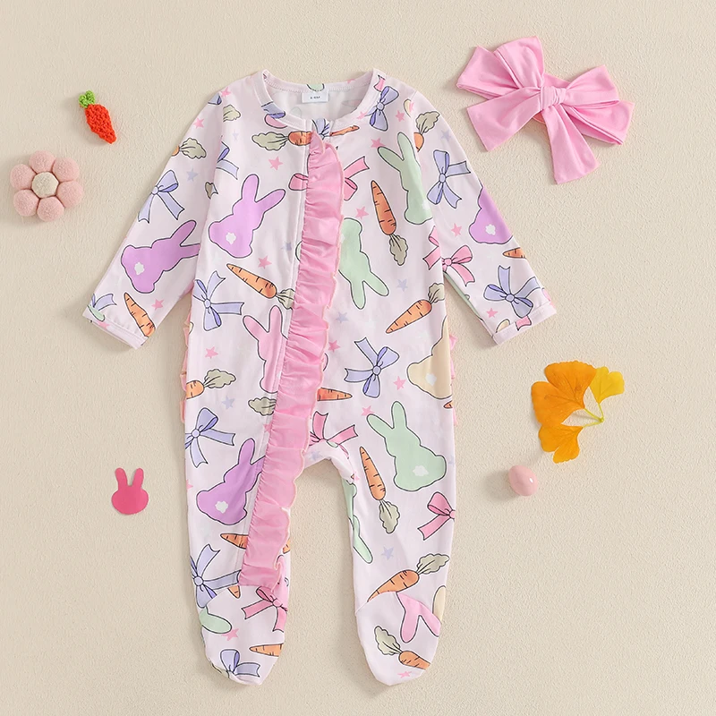 FOCUSNORM 0-12M Newborn Baby Girls 2Pcs Easter Romper Sets Ruffle Long Sleeve Rabbit Flowers Print Zip Up Jumpsuit with Headband