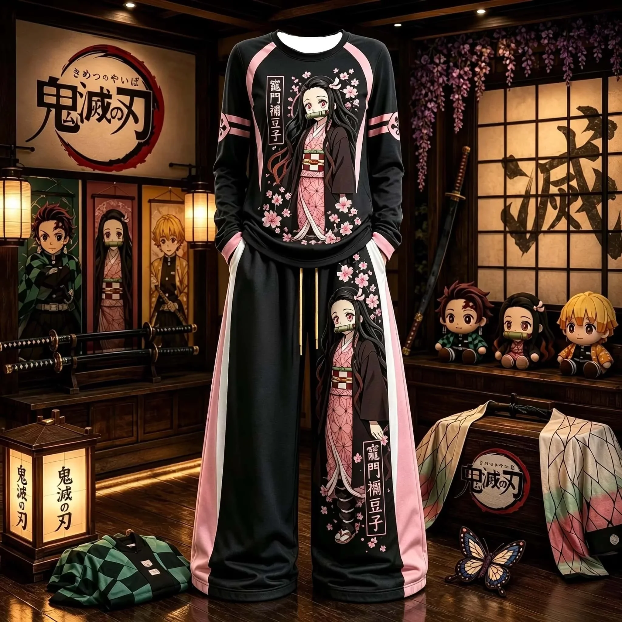 Autumn New Product: Demon Slayer Blade Long Sleeve Pants Anime Printed Set, Loose and Suitable for Both Men and Women