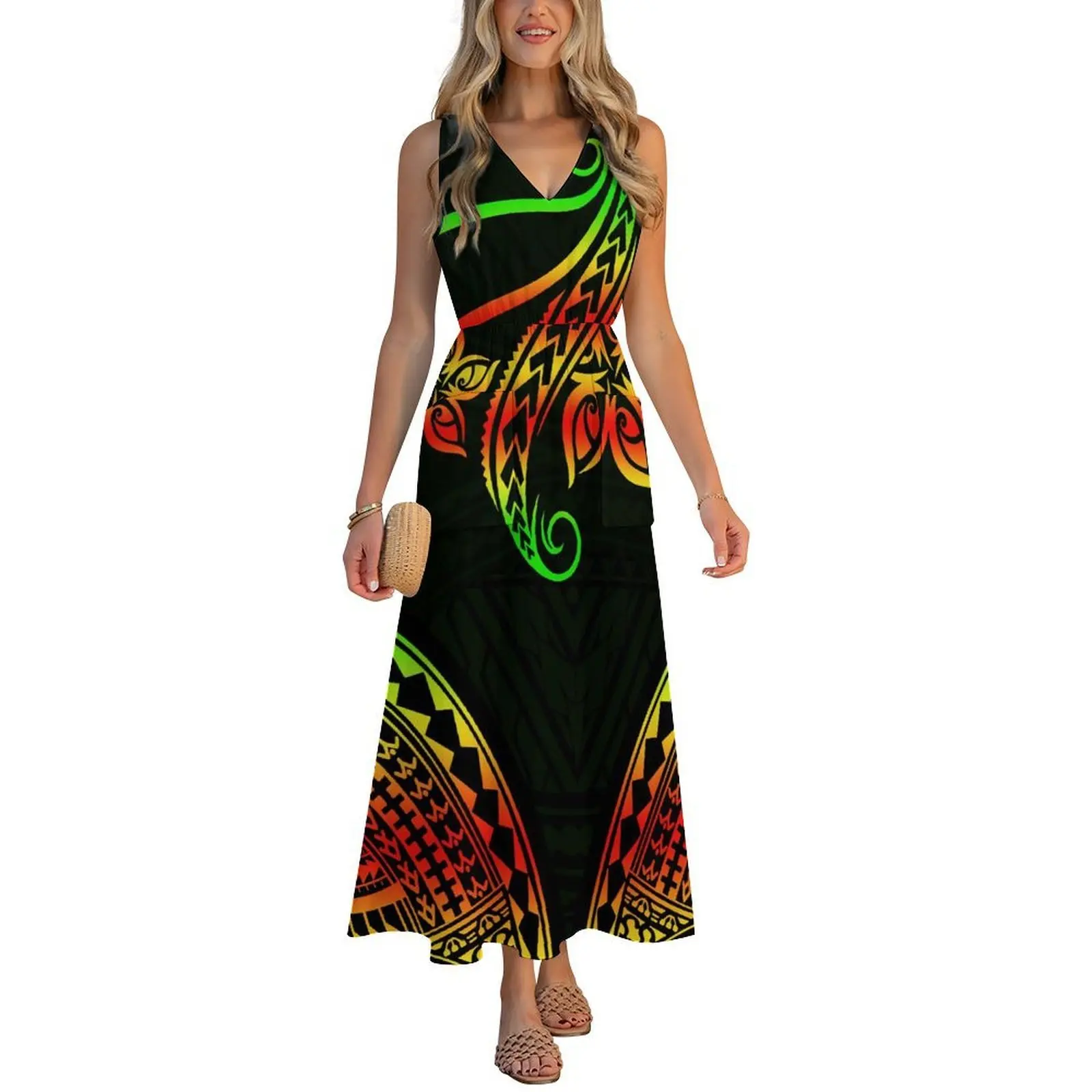 

The 2025 New V-Neck Dress Is A Comfortable And Form-Fitting Beach Dress With Polynesian-Style Prints And Customizable Patterns