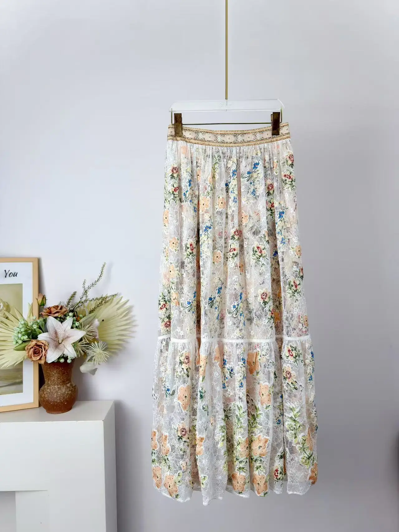 Summer Fashion Party Vintage Flower Print Elegant Long Skirt Women's Middle Waist Lace Embroidery Gorgeous Diamond A-Line Skirt