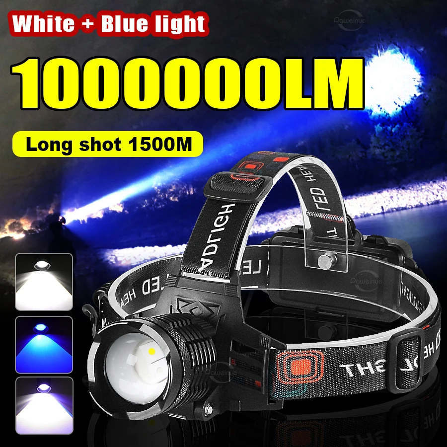 

High Power Headlamp White+Blue Light LED Head Lantern With Warning Light USB Rechargeable Headlight Outdoor Fishing Hunting Lamp