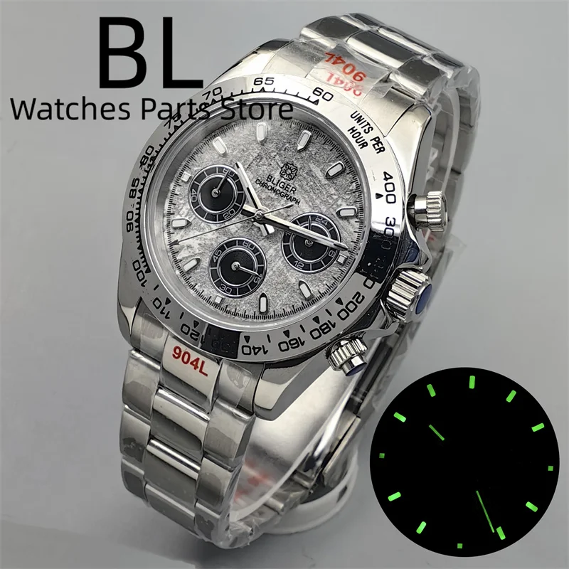 BLIGER Watch For Men 39mm Silver Men VK63 Sports Chronograph Quartz Watches Gray Meteorite Dial Sapphire Glass Relogio Masculino