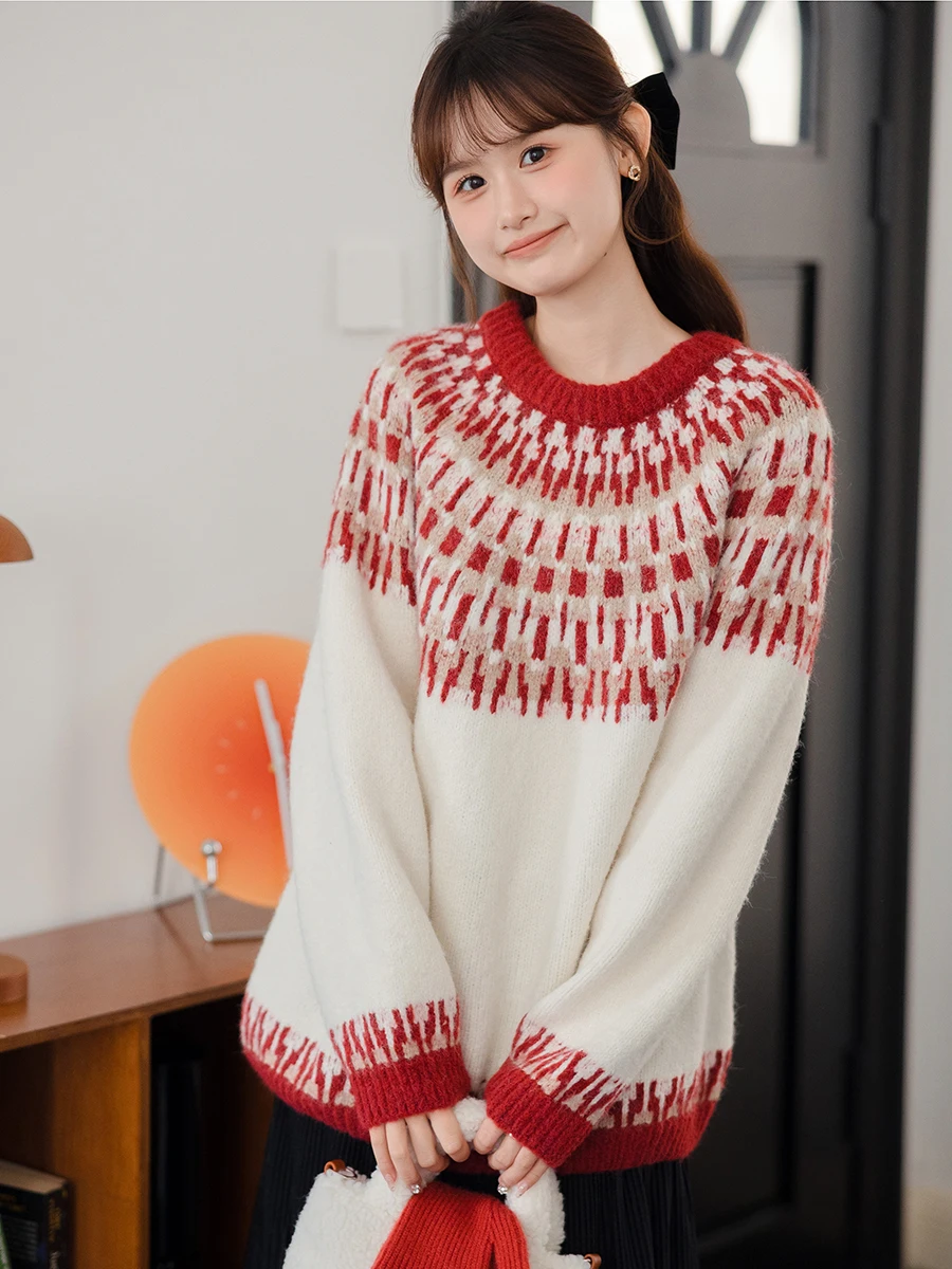 

Женский вязаный свитер Mengni Lazy Sle Fair Isle, весна-осень, новый, мягкий, круглый вырез, вязаный топ, милый, длинный...