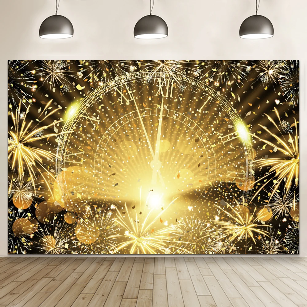 2025 Happy New Year Party Backdrop Fireworks Clocks Champagne Gold Balloons Home Party Banner Decoration Photography Backgrounds