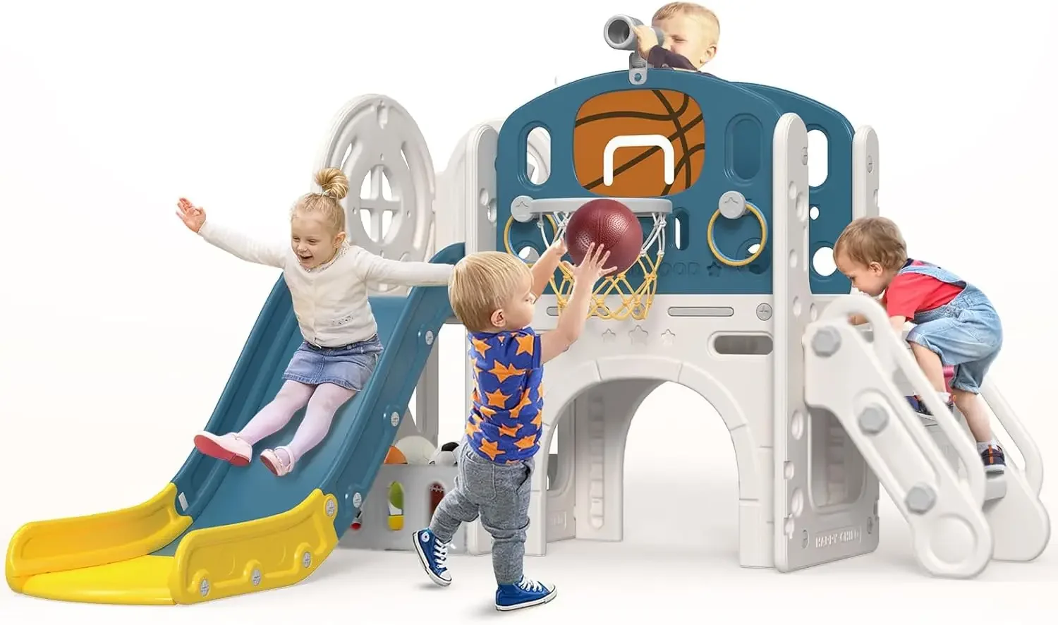 

9 in 1 Toddler Slide, Kid Slide for Toddlers Age 1-3 with Ring Toss, Basketball Hoop, and Telescope, Indoor Outdoor Playset Play