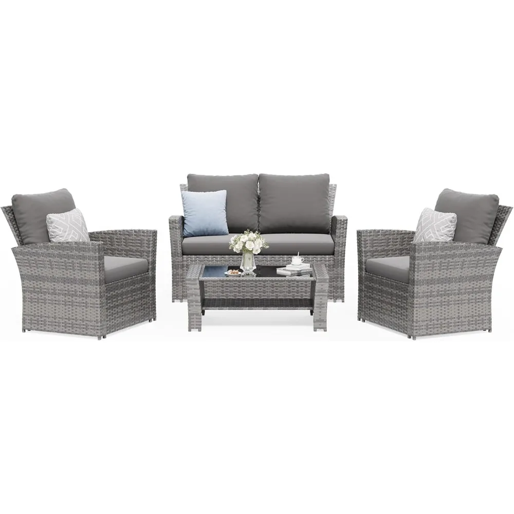 

4 Piece Outdoor Wicker Patio Furniture Set, PE Rattan Sectional Sofa with Thick Cushions & Tempered Glass Table, Weathe