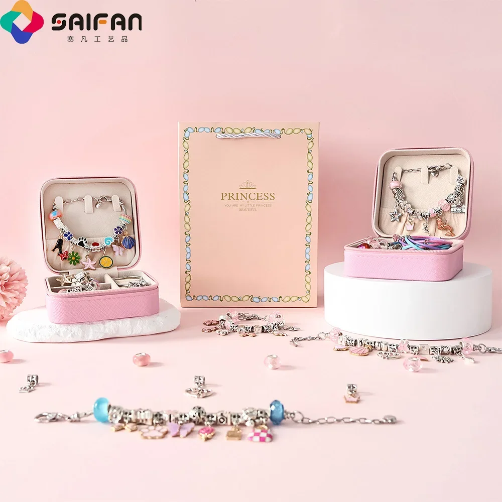 1 conjunto de pulseiras de contas requintadas, acessórios diy de contas de meninas, conjunto de materiais de caixa de presente infantil, acessórios de pulseira, contas