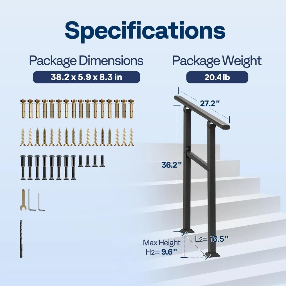درابزين خارجي بخطوتين للخطوات، فولاذ مجلفن، درابزين بيضاوي أسود، مناسب للشرفة والسطح #5