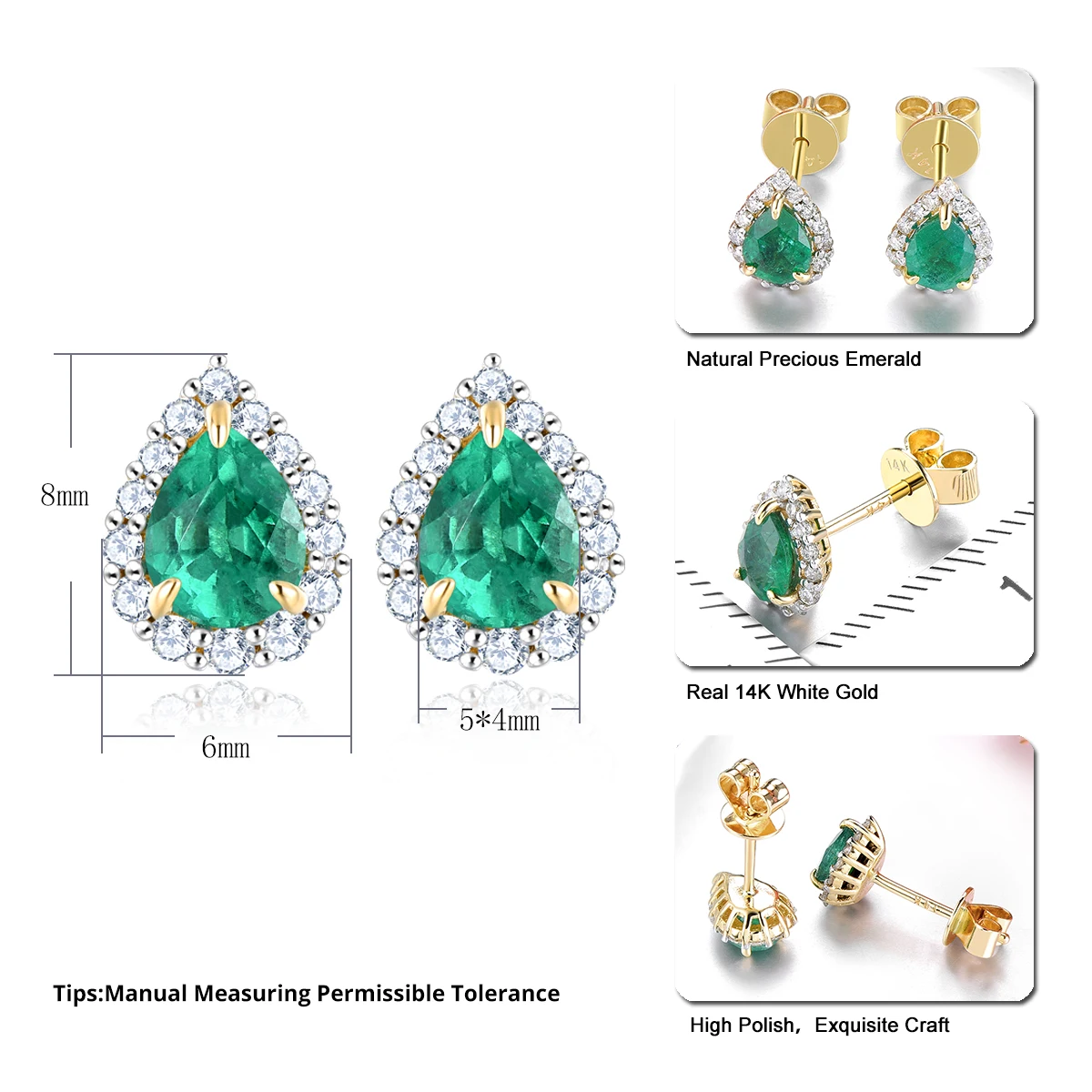 Lohaspie Customized Natural Real Emerald Stud Earring Genuine Diamond 14K Yellow Gold Earring 0.66 Carats Precious Gemstone