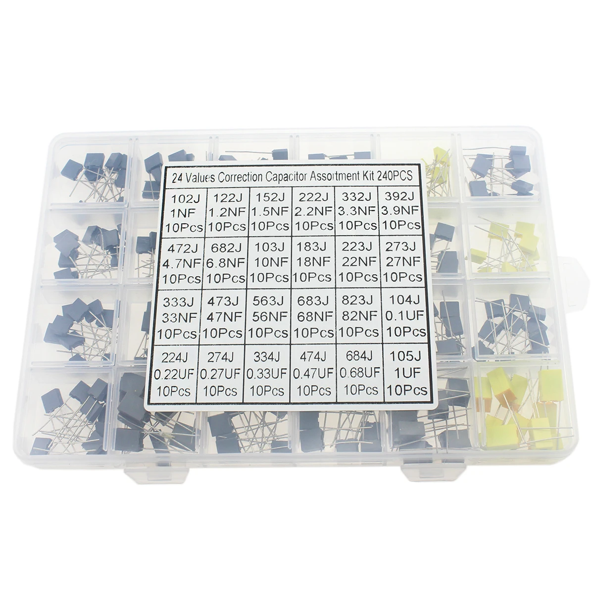 24Values 240pcs Capacitor Assorted Kit 63V-100V Metallized Polyester Correction Capacitors Set 1nF-1uF