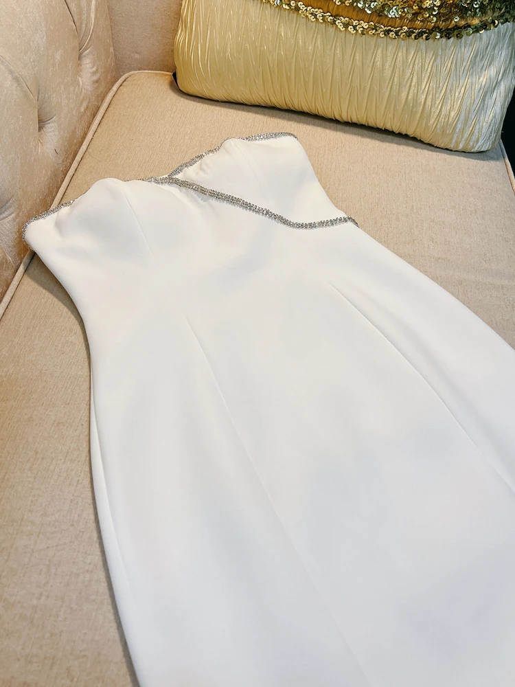 セクシーなストラップレス、ダイヤモンド装飾のレディースドレス、ボディコンスカート、ハイウエスト、Aライン、ショートドレス、ポリエステル繊維、ジッパー開閉