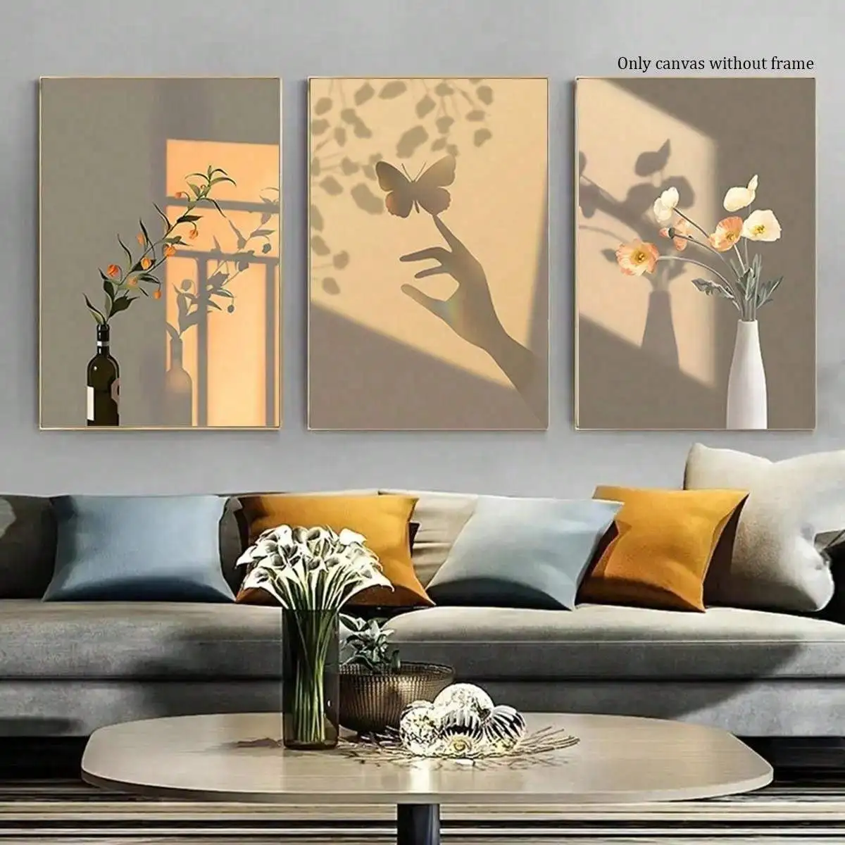 

3 шт. бежевых холщовых постеров без рамы, современные постеры с изображением солнечного света, цветов и бабочек для украшения гостиной