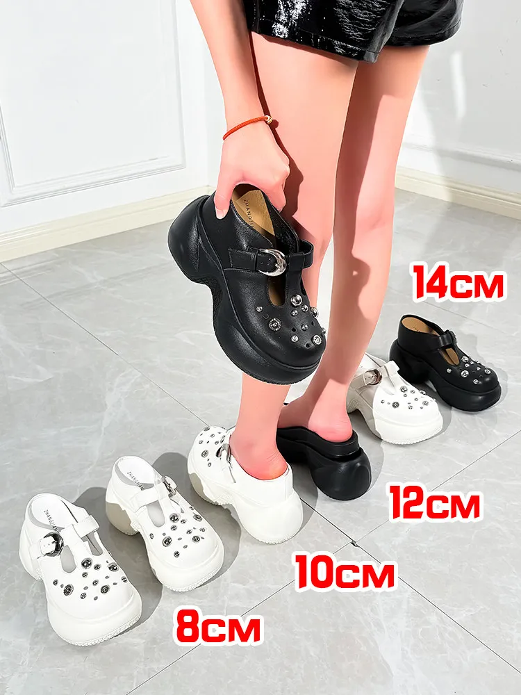 

ZJR 10-14cm Chunky Heel Slippers Women Height Increasing Shoes Slip-on Sandals Platform Shoes Genuine Leather Mary Jane Pumps