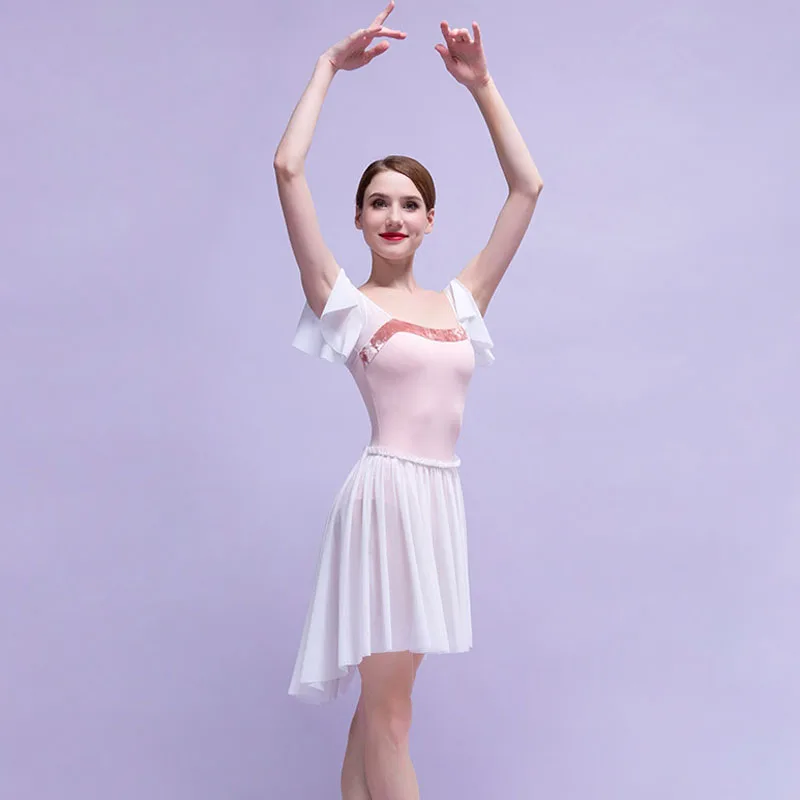 Mesh Splice Small Flying Sleeve Ballet Leotards for Women Practice Dance Costume Gymnastic Leotard Pink Ballet Dancing Swimsuit
