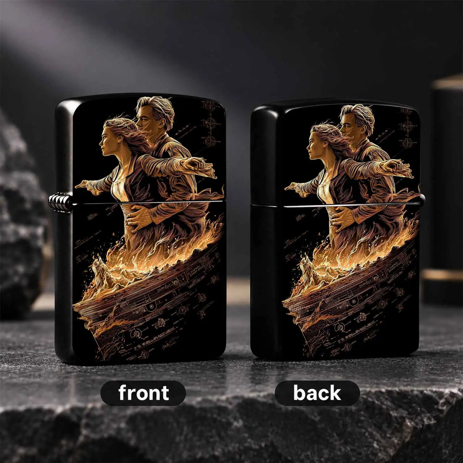 Exquisite Golden Engraved Titanic Classic Scene Lighter Portable Stylish Ignition Device For Camping Gathering Daily Use Unique Souvenir Gift For Movie Fans Durable Decorative Accessory For All Scenarios A Humorous And Interesting Lighter