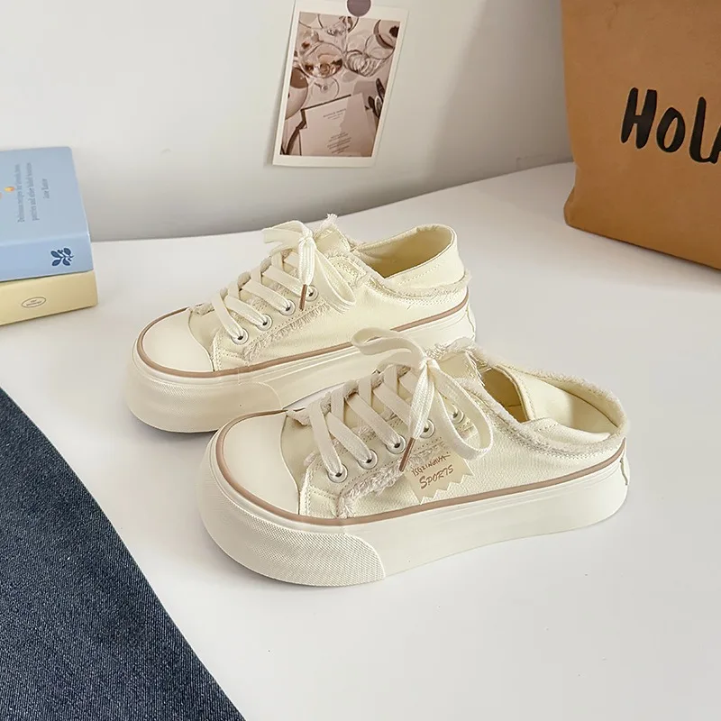 Women's Mule Platform Canvas Sneakers Fringe Decor Slip on Breathable Korean Style Casual Student Shoes Spring Summer 2026