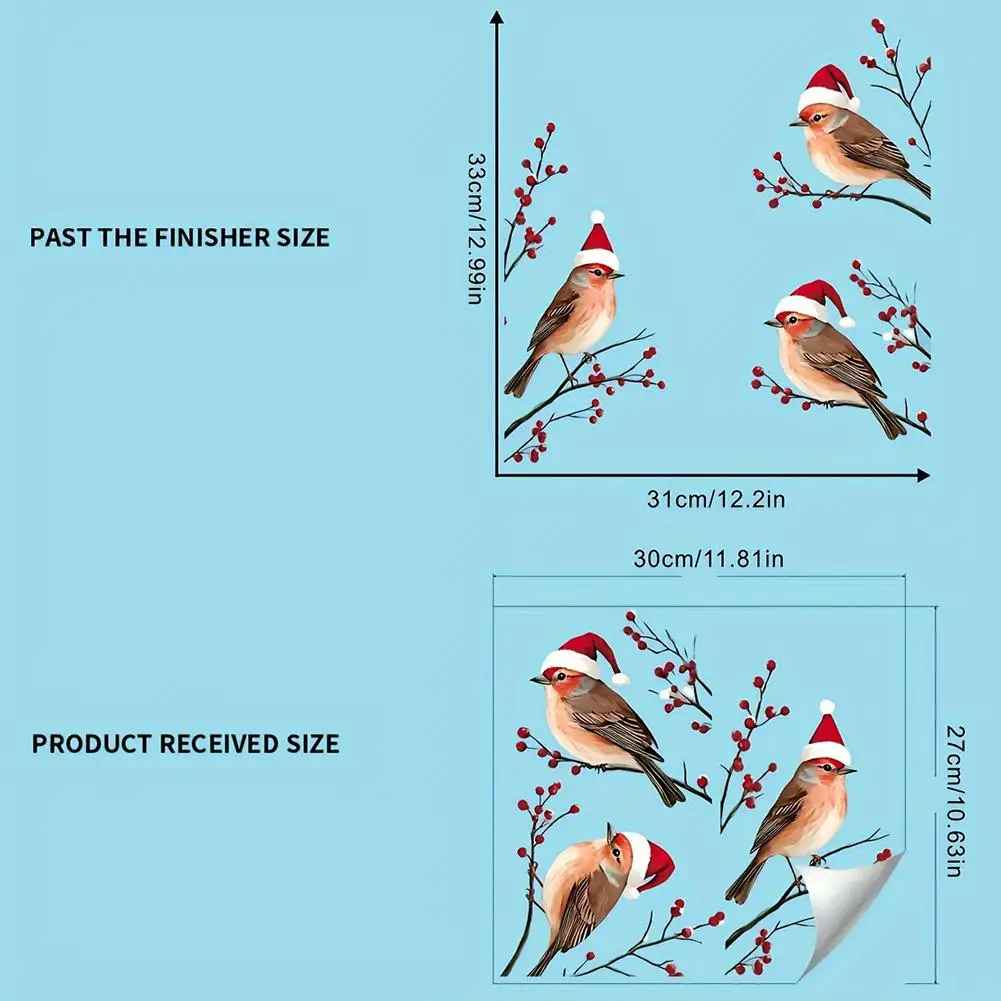 สติกเกอร์ตกแต่งกระจกประตูร้านค้าลายนกกระจอกสวมหมวกคริสต์มาสสีแดง สร้างบรรยากาศเทศกาลวันหยุด