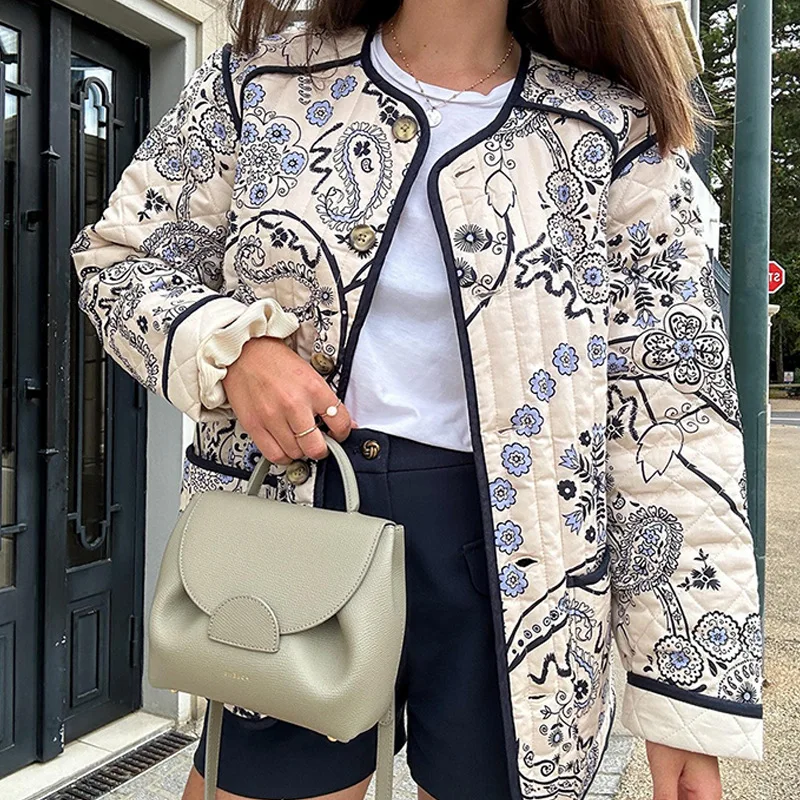 2025年冬新作 レトロ パッチワークプリント コットンジャケット ラウンドネック 長袖 ポケット付き