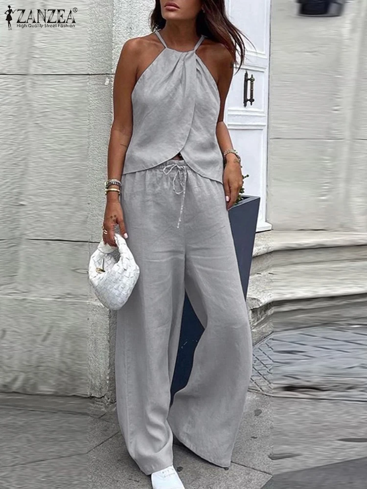 ZANZEA Women's Streetwear 2 Pieces Pant Sets 2026 Summer Fashion Sleeveless Halter Tops & Elastic Waist Pants Suits 2PCS Outfits