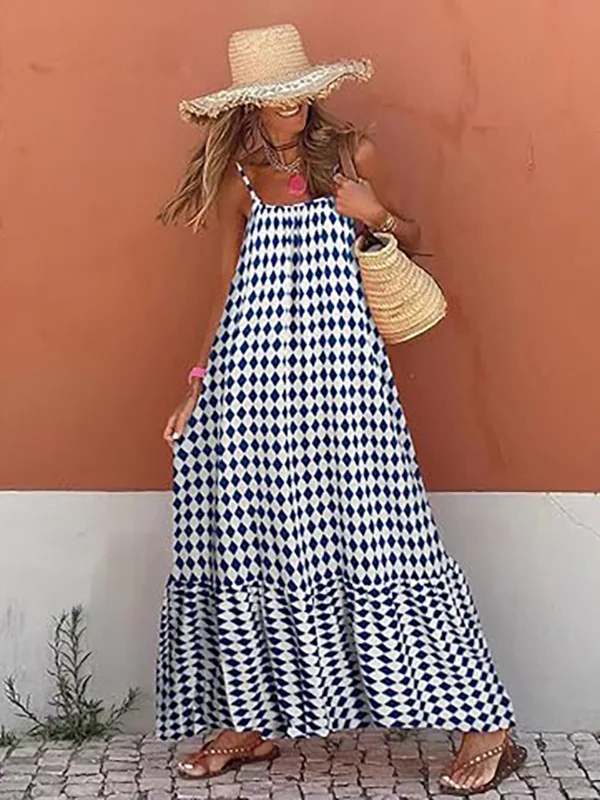 جديد إمرأة بوهو فستان بلا أكمام طباعة الصيف فضفاض السباغيتي حزام فستان الحفلات لكوكتيل الشاطئ الشارع الشهير الشاطئ رائجة البيع