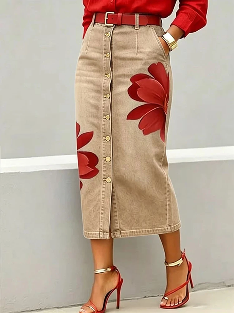 Autumn New Casual Metal Button Versatile Skirt Vintage Floral Printed Slim Denim Skirts Elegant High Waist Pocket Women's Skirts