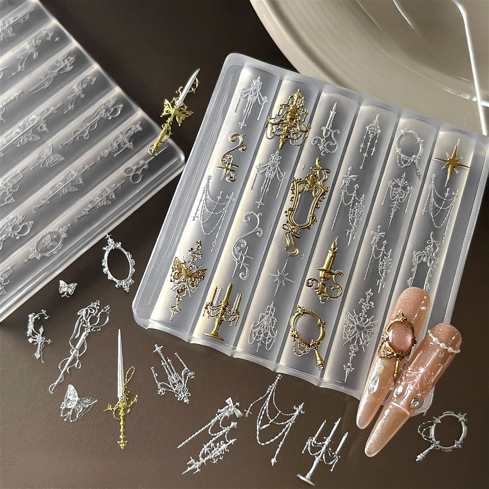 Luxury Baroque Mirror Frame Candlestick Butterfly Bowknot Heart Star Snowflake DIY Nail Art Silicone Carving Mold Mould Template