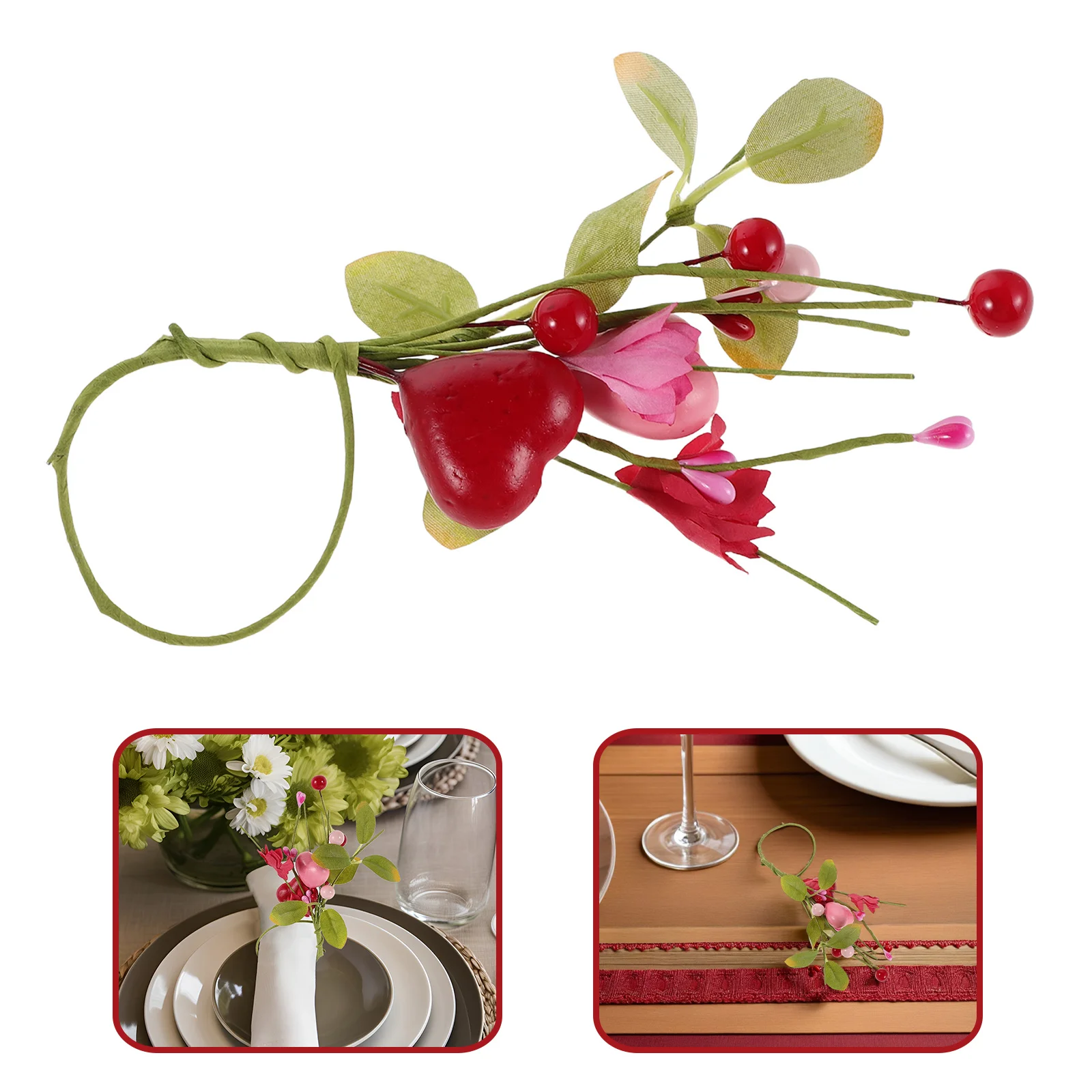 

6pcs Simulated Flower Clasp Valentine Heart Napkin Rings Set For Wedding Party Dining Table Decor Artificial Flower Napkin Rings