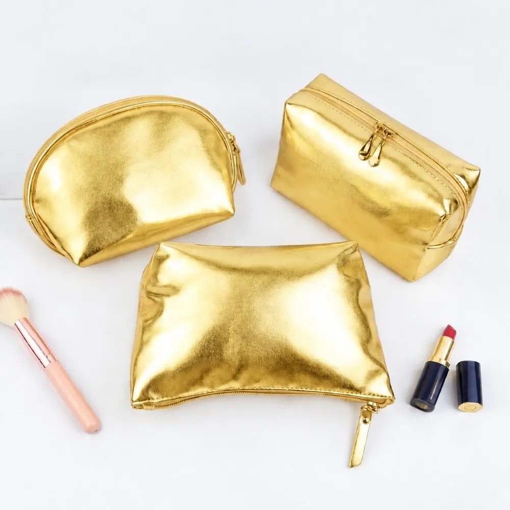Portable Silver/Gold Handheld Makeup Bag Waterproof PU Leather Cosmetic Bag Soft Zipper Closure Makeup Pouch Cosmetic Storage