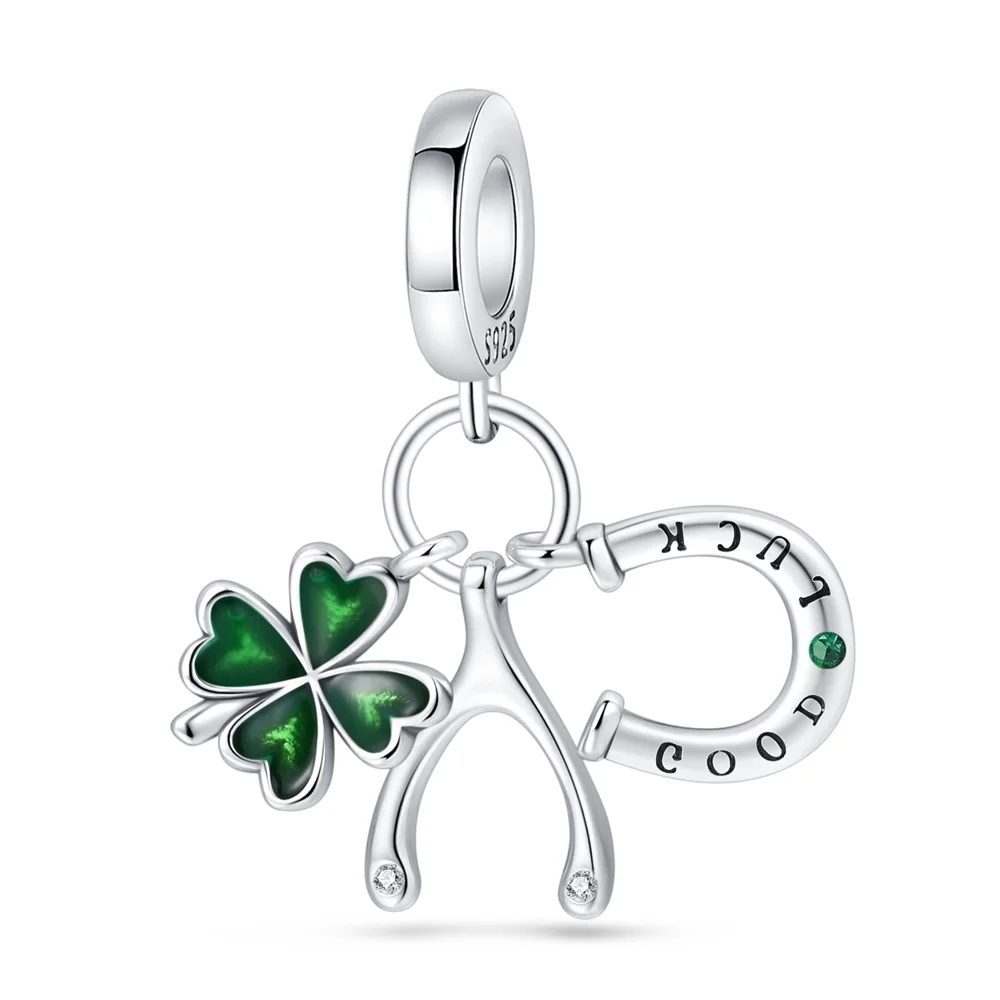 

Fashion 925 Sterling Silver Green Clover Horseshoe Three In One Charm Fit Pandora Bracelet Women's Dating Jewelry Accessories