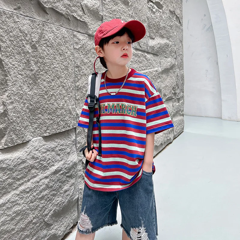 

Fashion Brand Loose Children's StripesTSummer T-shirt2024New Boys' Short Sleeve Middle and Big Children's Half Sleeve Top