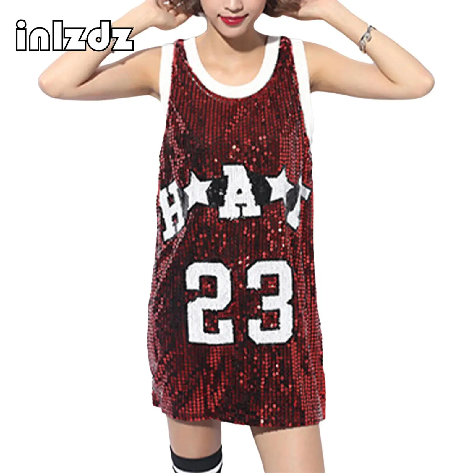 

Women Cheerleading Dance Dress Sleeveless Allover Sequin Oversized Vest Dress Dancewear for Jazz Dance Watching Match Club Party