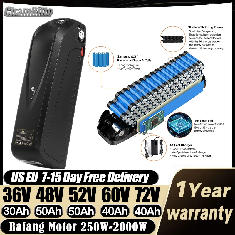 

Аккумулятор для электровелосипеда Hailong 36В/48В/52В 30Ач/40Ач/50Ач, литиевая батарея для электровелосипеда, монтируемая на нижнюю трубу рамы, 72В 1000Вт, 60В 2000Вт/1500Вт/750Вт для мотора