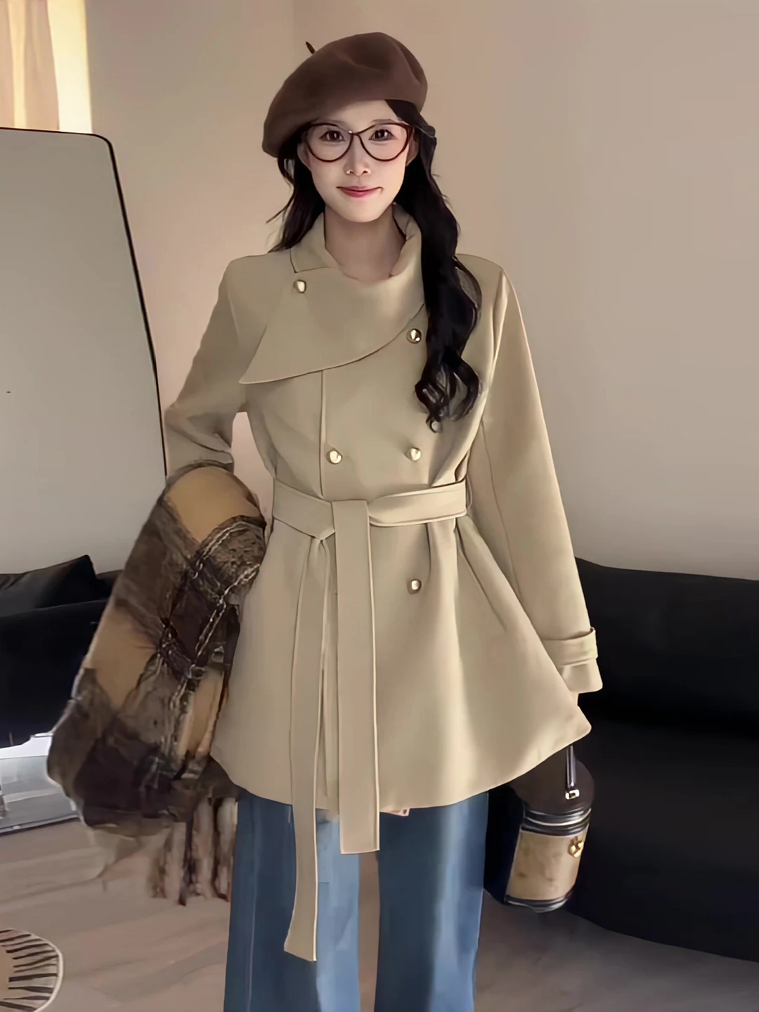 Khaki Hepburn Style Short Thickened Women's Coat Spring Autumn New High Sensation Medium Length Top Korean Style Long Sleeve
