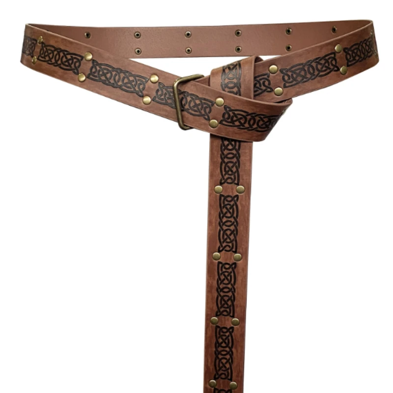 Viking Embossed Square Buckle Belt Vintage Rivet Belt PU Leather Version Medieval Knight Style Cosplay Clothing Accessories